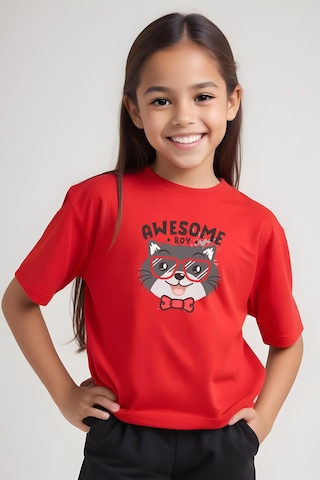 Fyk Kids Kız Çocuk Basic Awesome Boy Baskılı T-shirt Kırmızı