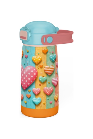 Puccon 420 Ml Kız Çocuklar İçin Paslanmaz Çelik Okul Matarası - 60014 - Kalp Desenli - Pastel Renkli Turkuaz - Pembe