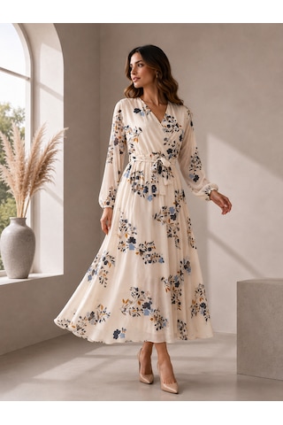 Bidesing Kadın Ekru Floral Desenli Uzun Kollu Şifon Maxi Elbise Ekru Mavi Bej