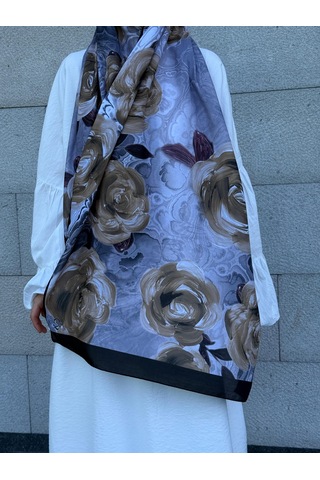 Qalortex Scarf Pamuklu Rose Desen Şal- Siyah/gri Siyah-Gri