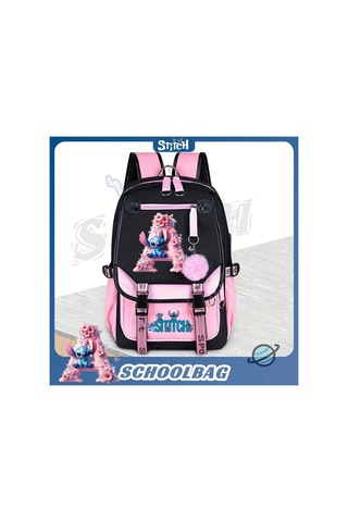 Honeybeeshop R Dısney Stitch Büyük Kapasiteli Sırt Çantası Pembe Siyah İki Tonlu Ayarlanabilir Askılıklar Dayanıklı Polyester Okul Seyahat Günlük Kullanım R