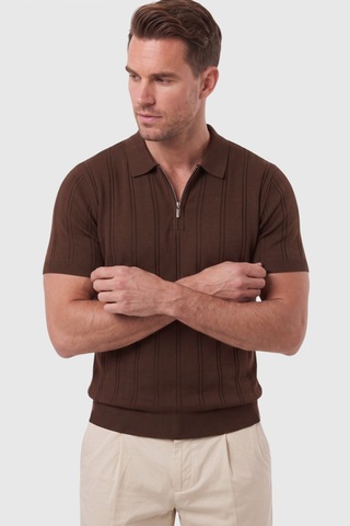 Deepsea Erkek Fermuarlı Polo Yaka Çizgi Dokulu Kahve Triko Tişört Regular Fit Yumuşak Dokulu 2608007 Kahverengi