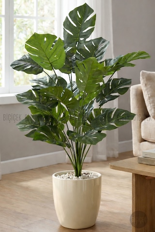 Biçiçek Yapay Monstera Deve Tabanı Yakut Saksıda Bej - Beyaz