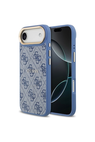 Apple Uyumlu iPhone 17 Air Kılıf Guess Lisanslı M-safe Şarjlı Gold Kamera Çerçeveli Pu Deri Yazı Logolu Mavi Mavi