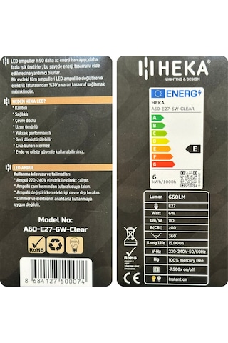 10 Adet Heka 6w 51w 6500k Beyaz Işık E27 Duylu Kalın Duy Led Şeffaf Ampul