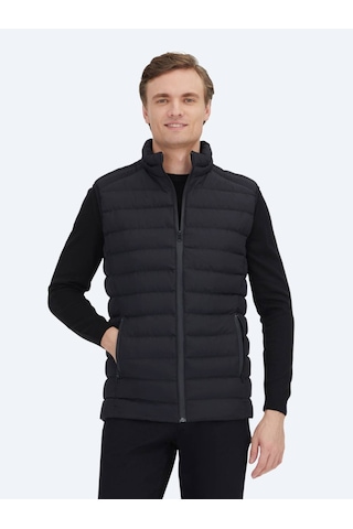 Kip Siyah Dik Yaka Casual Dokuma Spor Yelek Siyah