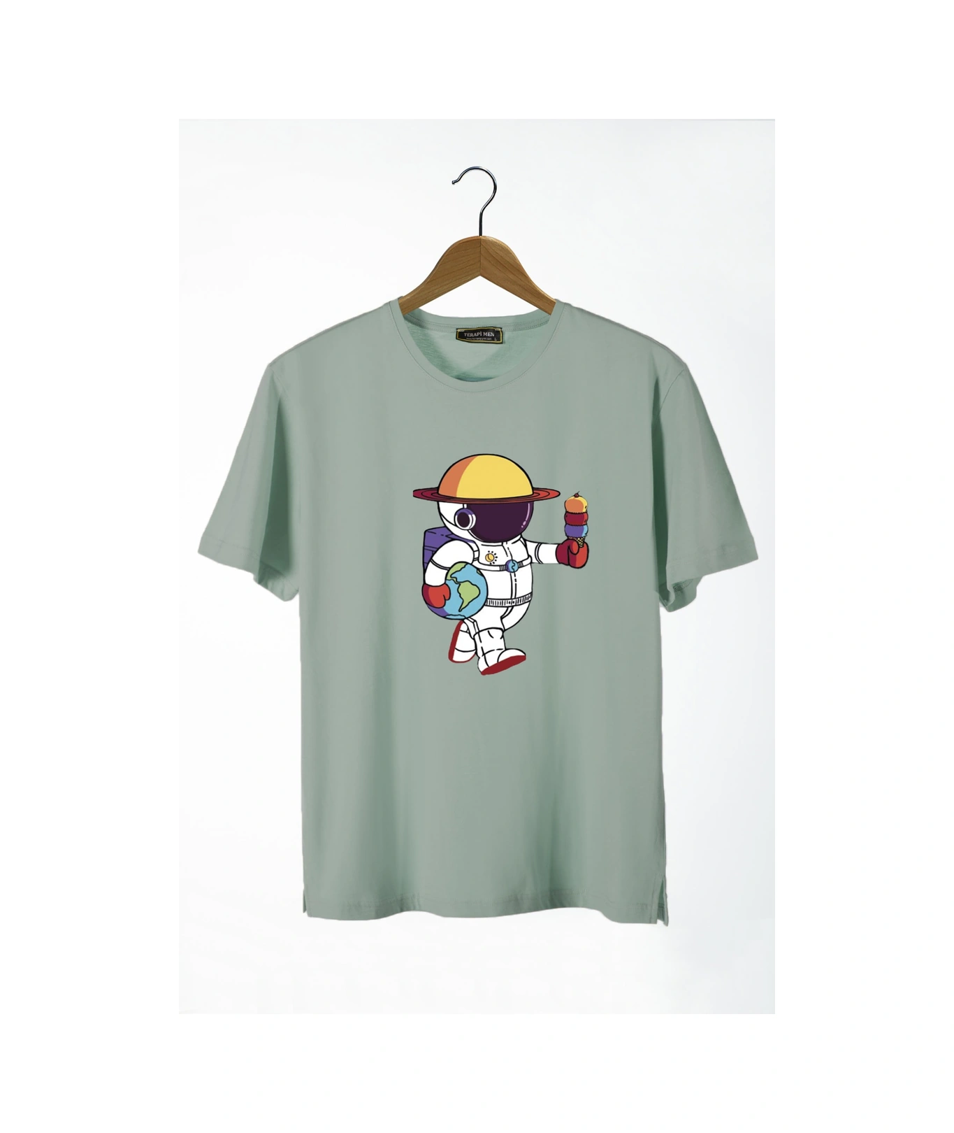 Veaven Unisex Mint Yeşil Önü Renkli Astronot Baskılı Bisiklet Yaka Oversize Pamuklu T-shirt Mint Yeşil