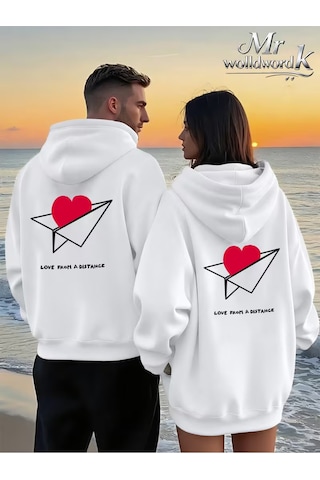 Nevermind Love From A Distance Sevgili Kombini Hoodie Unisex Oversize Kapüşonlu Sweatshirt 2 Li Set Beyaz
