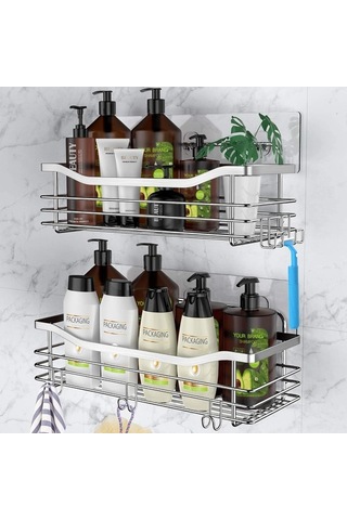 Besthome1 Stanyum Çelik Duş Rafı, 5 Kanca, Su Geçirmez Paslanmaz, Banyo/mutfak Düzenleyici 2 Adet Gümüş Gümüş