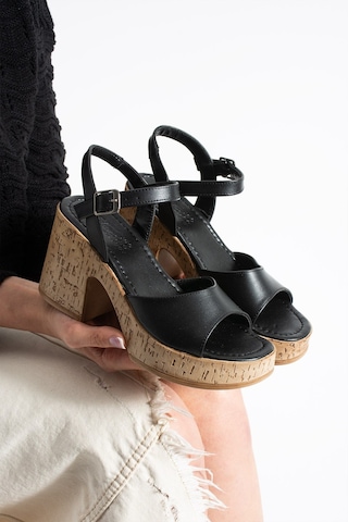Dabab Shoes Loreva Kadın Siyah Platform Taban 9 Cm Kalın Topuklu Bilekten Bantlı Sandalet