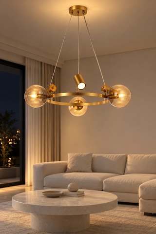 Modern Premium Gold 3xe14 + 3xgu10 Modern Cam Küreli Dekoratif Sarkıt Salon Oturma Odası Avizesi