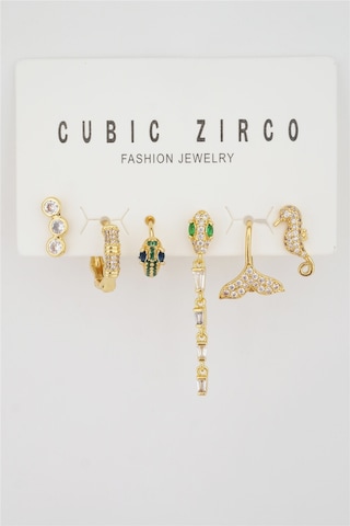 Kadın Kararmaz Altın Kaplama Yılan Detaylı 6'Lı Zirkon Set Küpe Altın-M