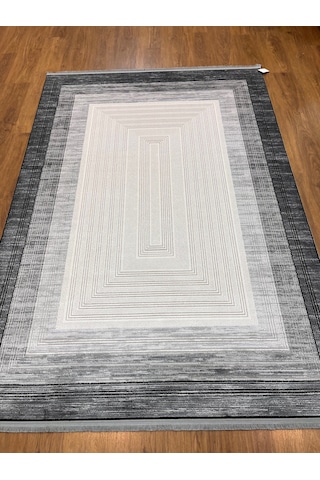 Modern Çerçeveli Siyah Beyaz Makina Halısı 160x230 Krem Gri