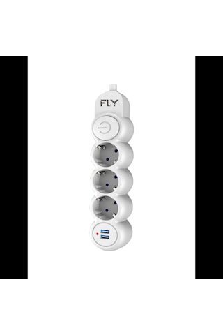 Fly 3393-01, 3 Soket, 2 Usb, Akım Korumalı Priz, 2.1a, Anahtarlı, 2mt Kablo, Beyaz