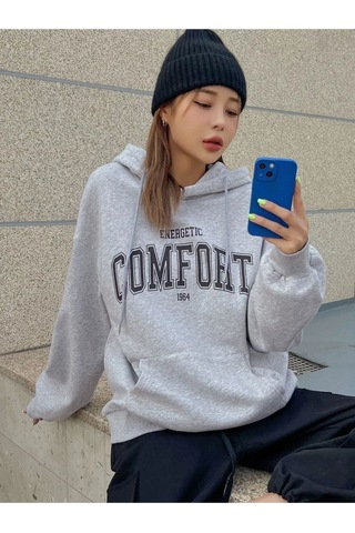 Altamira Unisex Gri Comfort Baskılı Oversize Kapşonlu Sweatshirt 001