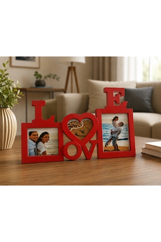 Love Ahşap Fotoğraf Çerçevesi 3 Fotoğraflı Dekoratif Masaüstü Çerçeve Kişiye Özel Hediye Beyaz