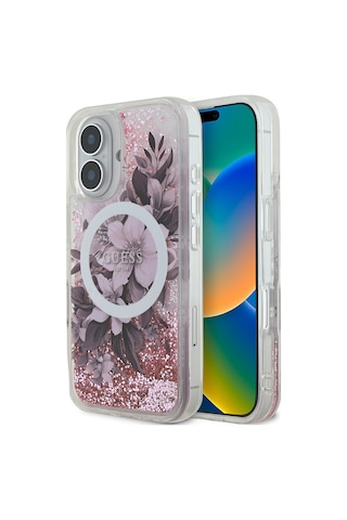 Apple Uyumlu iPhone 16 Plus Kılıf Guess Lisanslı Magsafe Şarj Özellikli Sıvılı Simli Çiçek Desenli Pembe
