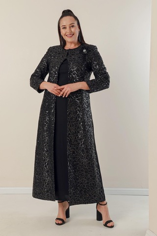 By Saygı Yarım Ay Kollu Uzun Krep Elbise Kolu Ve Önü Pulpayet Kaftan Astarlı Büyük Beden 2'li Takım-34854-siyah Siyah