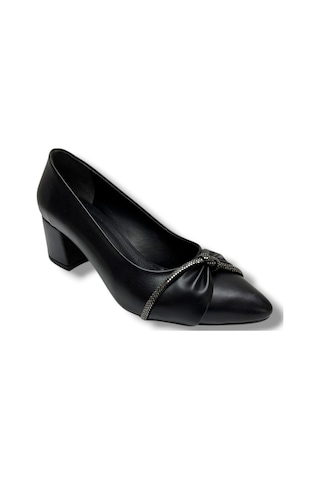 C-shoes 150-26 Cilt Deri Düğüm Taşlı Kalın Topuk Kadın Ayakkabı 38-40 Siyah