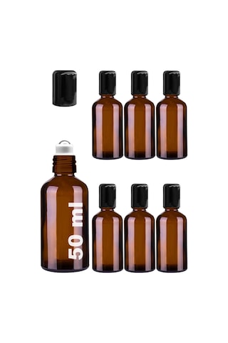 Çelik Roll On Şişesi 50 ML Sızdırmaz Siyah Kapaklı Amber Cam Şişe 6 Adet