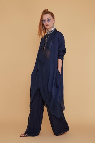 Bohem Stil Italyan Ipek Detaylı Oversize Kaftan & Bluz-8711 Lacivert