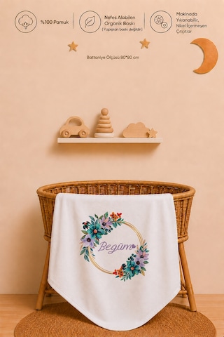 Kız Bebek Hediyesi İsme Özel 80x80 Cm Çift Kat Penye Bebek Battaniyesi %100 Pamuk Ham Bez Kıyafet Keseli 1026bk3x Ekru