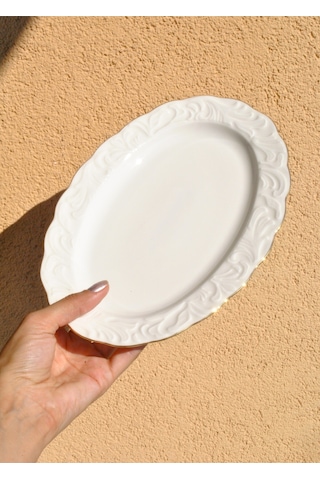 2 Adet Porselen Yaldızlı Orta Boy Kayık Tabak 23 Cm Meze Sunum Tabağı Beyaz