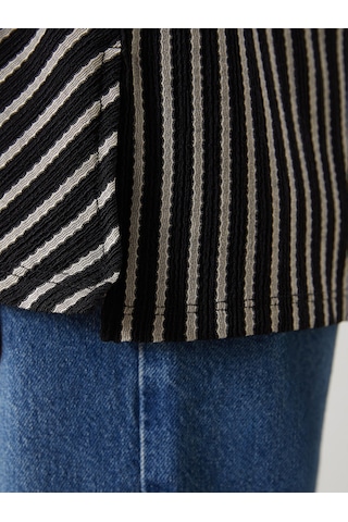 Lcwaıkıkı Classic Siyah Bisiklet Yaka Çizgili Oversize Kadın Tunik