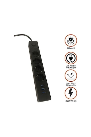 Termak Akım Korumalı 4 Priz 3 Usb Girişli Uzatma Kablosu Güç Ve Şarj Siyah Renk Gönderilir 5365 Diğer