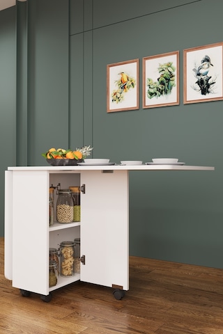 Asra Trend KM-12 %100 MDF 155x70 cm Katlanır Akıllı Mutfak Masası Tekerlekli Servis Masası Beyaz