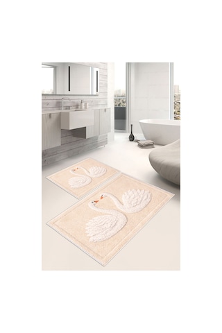 Kuğu Desenli Dijital Baskılı Yıkanabilir 2li Banyo Paspası 50x60-60x100 Bej