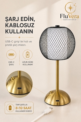 Şarjlı Siyah Telli Led Masa Lambası Kablosuz Dokunmatik Usb-c Taşınabilir Dekoratif Gece Lambası Siyah