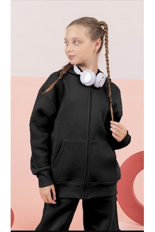 Çocuk Şardonlu Kapüşonlu Fermuarlı Sweatshirt Günlük Rahat Hırka-9647 Siyah