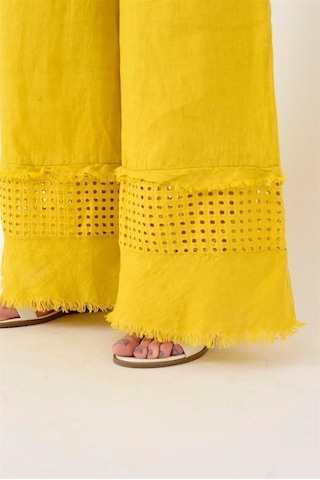 Eren Style İtalyan Fisto Paça Detaylı Keten Pantolon-9893 Sarı