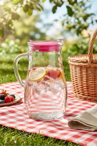 Lav Misket Cam Sürahi Tekli 1,8 L Kulplu Pembe Plastik Kapaklı
