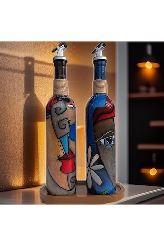 Modern Tasarımlı Soyut Yüz Desenli Renkli 750 Ml Zeytinyağı Sıvıy