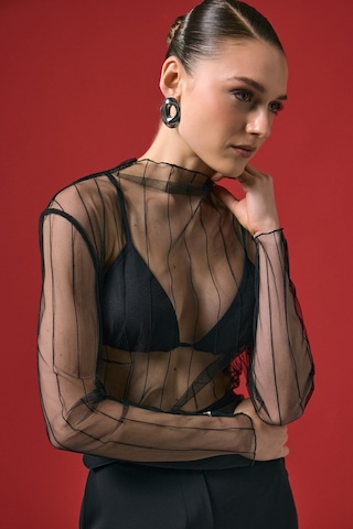 Ckm Moda Vaze Çizgili Transparan Bluz Siyah