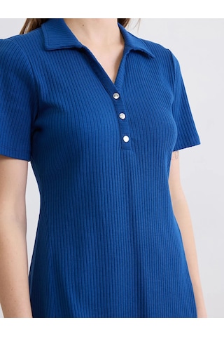 Lc Waikiki Lacivert Polo Yaka Fitilli Peplum Mini Elbise