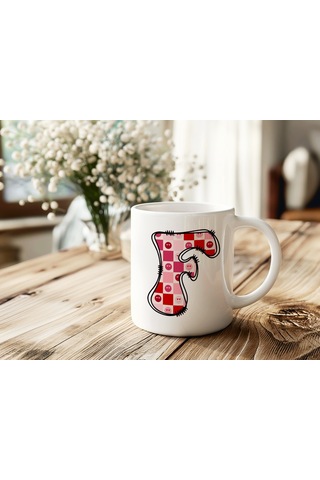 F Harfi Pembe Kareli Kalpli Göz Emojili Kupa Bardak Eğlenceli Kareli Tasarım Kahve Çay Kupası 07 Beyaz