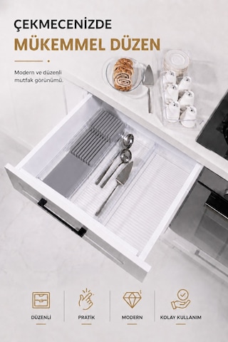Çekmece İçi Bıçaklık Organizer Bölmeli Mutfak Düzenleyici Gri S-11029