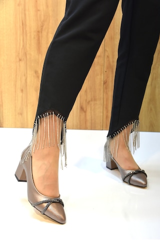 Prego Oc Shoes Kalın Topuklu Taş Biye Desenlik Kadın Ayakkabı Platin PLATIN