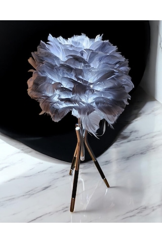 Tüylü Dekoratif Tripotlu 3'lü Ayaklı Abajur - Gri Gri