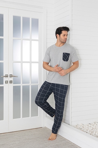 Sude Homewear Erkek Ekoseli Cepli Kısa Kollu Pijama Takımı Gri