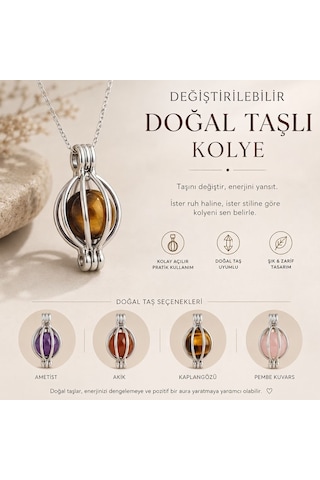 Pigado Değiştirilebilir 4 Farklı Doğaltaş Kafes Kolye Gri