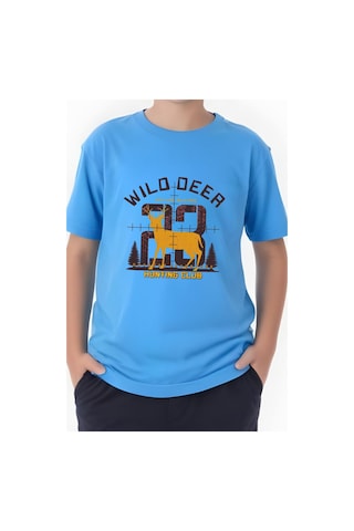 Panios Kids Hunting Club Baskılı Erkek Çocuk Yuvarlak Yaka Kısa Kollu T-shirt Mavi