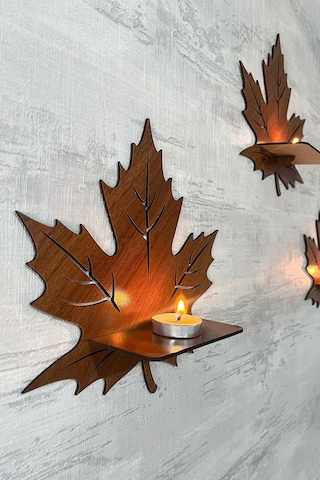 Dekoratif Ceviz Yaprak Desen Duvar Rafı 3 Lü Set 25 Cm Duvar Mumluğu - Mumluk Raf - Ahşap Desen Siyah