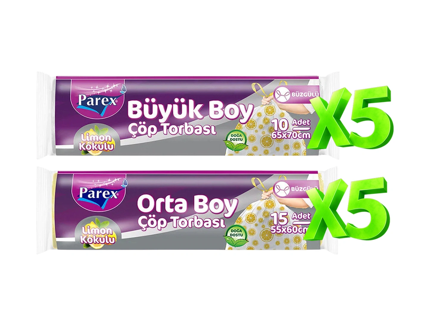 Büzgülü Çöp Torbası Limon Kokulu 5 Büyük Ve 5 Orta Boy Set