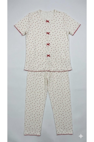 Sleeproom Yazlık Ekru Kiraz Desenli Kısa Kol Penye %100 Pamuk Pijama Takım
