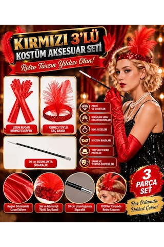 Ers- 1920 Ler Tarzı Kırmızı Tüylü Saç Bandı, Kırmızı Rugan Eldiven Ve Sigaralık Seti 30421664