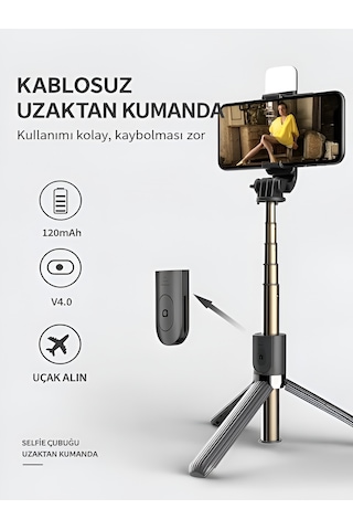 Bluetooth Kumandalı Tripod Telefon Tutuculu Selfie Çubuğu Telefon, Kamera, Lamba, Yayın Standı